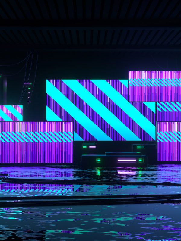 Futuristic modern background with screens, wet floor, wires and electronic devices created in the style of cyber punk. 3D rendering illustration.